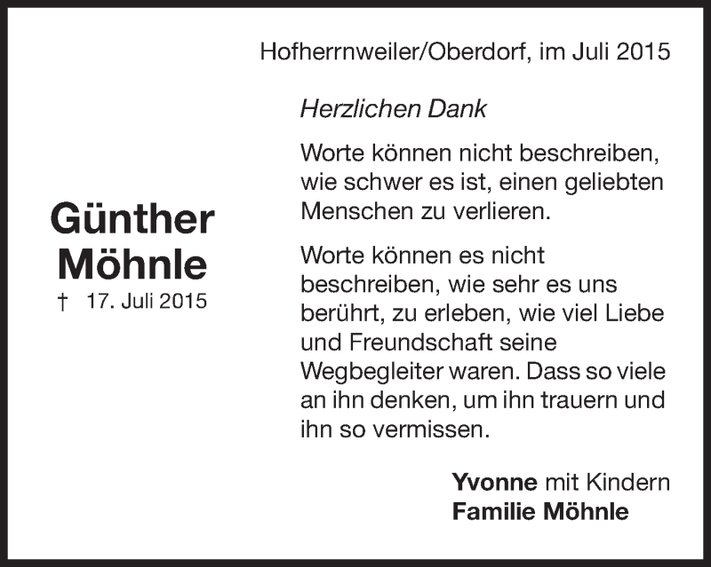  Traueranzeige für Günther Möhnle vom 28.07.2015 aus Schwäbische Post