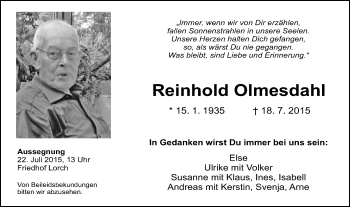 Traueranzeige von Reinhold Olmesdahl von Gmünder Tagespost