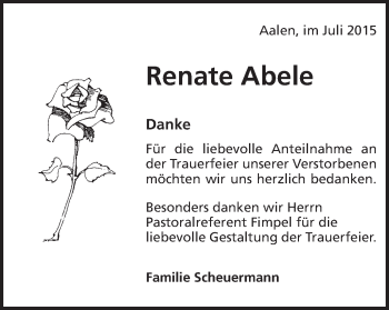 Traueranzeige von Renate Abele von Schwäbische Post