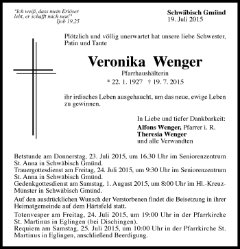 Traueranzeige von Veronika Wenger von Gmünder Tagespost