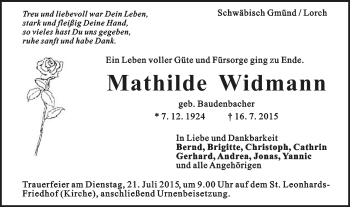 Traueranzeige von Mathilde Widmann von Gmünder Tagespost