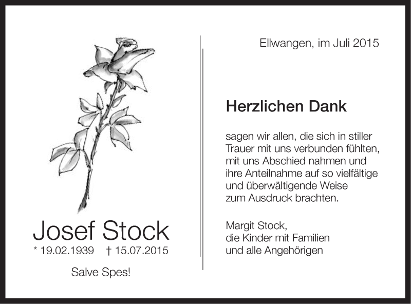  Traueranzeige für Josef Stock vom 31.07.2015 aus Schwäbische Post