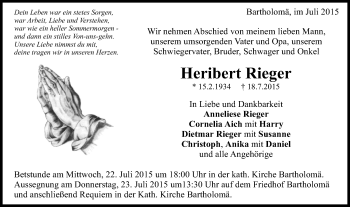 Traueranzeige von Heribert Rieger von Gmünder Tagespost