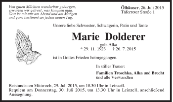 Traueranzeige von Marie Dolderer von Gmünder Tagespost
