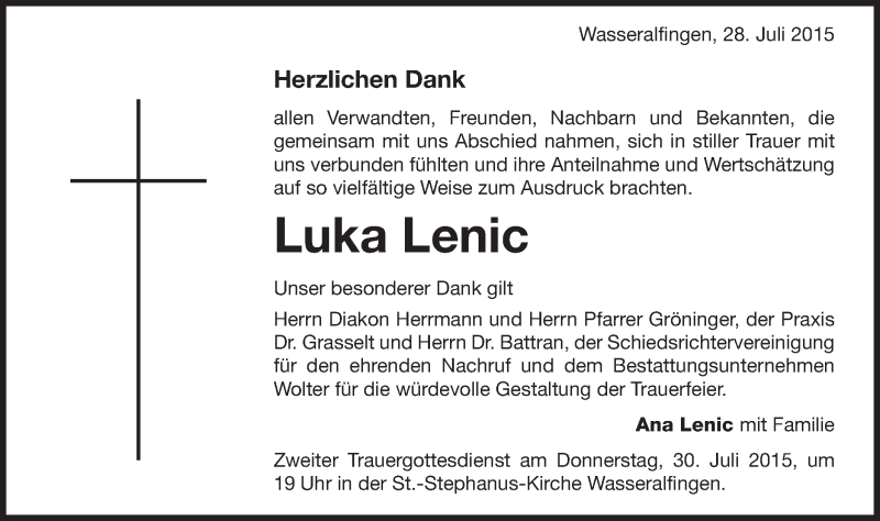  Traueranzeige für Luka Lenic vom 28.07.2015 aus Schwäbische Post