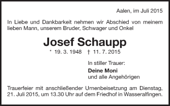 Traueranzeige von Josef Schaupp von Schwäbische Post