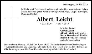 Traueranzeige von Albert Leicht von Gmünder Tagespost