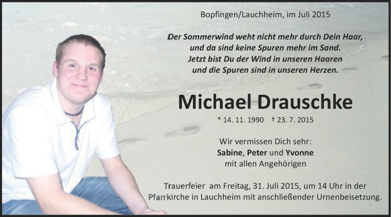  Traueranzeige für Michael Drauschke vom 29.07.2015 aus Schwäbische Post