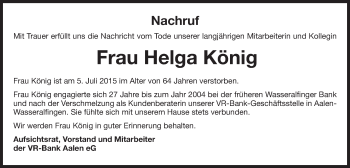 Traueranzeige von Helga König von Schwäbische Post