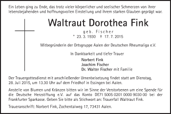 Traueranzeige von Waltraut Dorothea Fink von Schwäbische Post