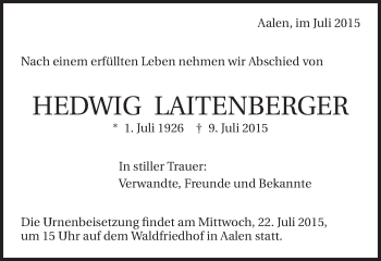 Traueranzeige von Hedwig Laitenberger von Schwäbische Post