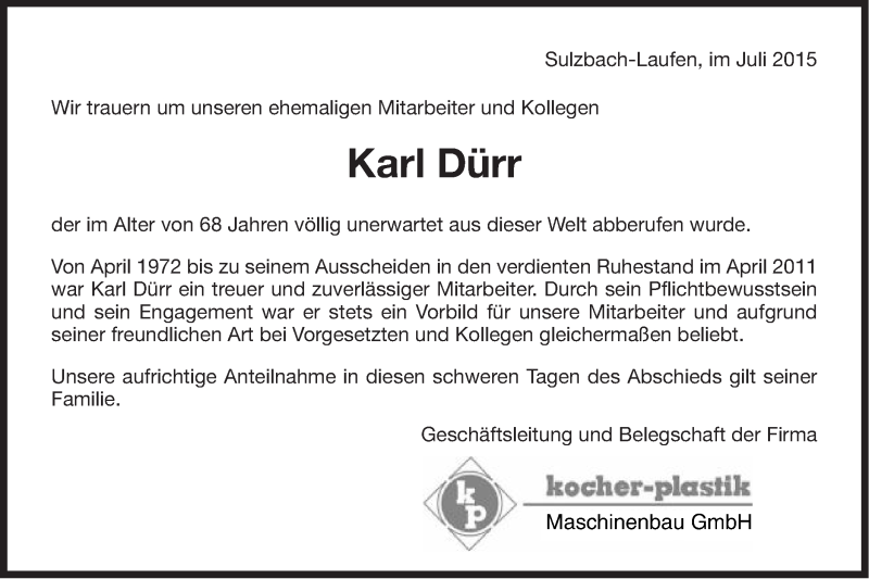  Traueranzeige für Karl Dürr vom 23.07.2015 aus Gmünder Tagespost