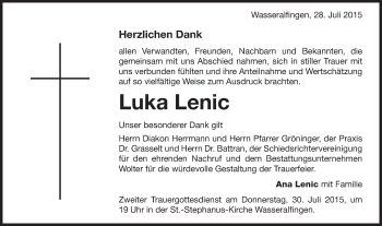 Traueranzeige von Luka Lenic von Schwäbische Post