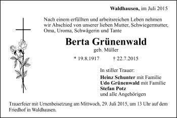 Traueranzeige von Berta Grünenwald von Gmünder Tagespost