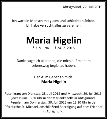Traueranzeige von Maria Higelin von Schwäbische Post