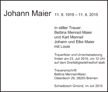 Traueranzeige von JOhann Maier von Gmünder Tagespost