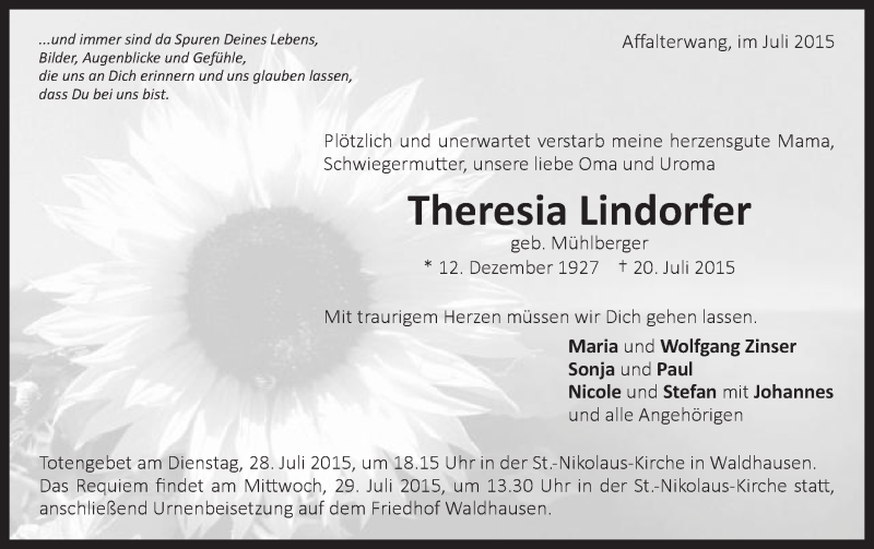 Traueranzeige für Theresia Lindorfer vom 27.07.2015 aus Schwäbische Post