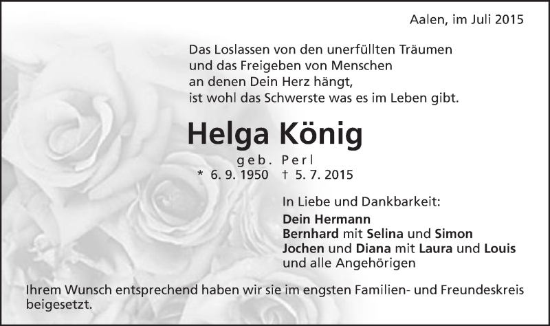  Traueranzeige für Helga König vom 18.07.2015 aus Schwäbische Post