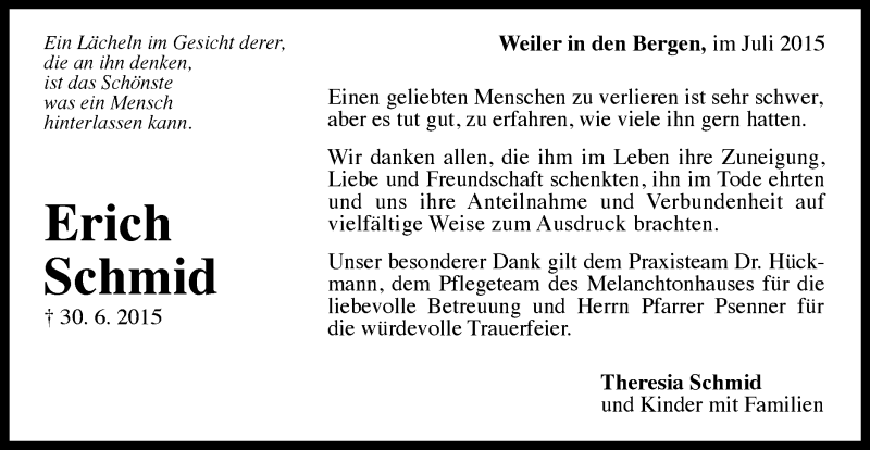  Traueranzeige für Erich Schmid vom 25.07.2015 aus Gmünder Tagespost