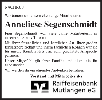 Traueranzeige von Anneliese Segenschmidt von Gmünder Tagespost