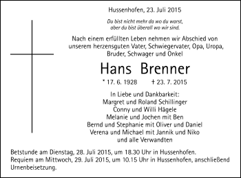 Traueranzeige von Hans Brenner von Gmünder Tagespost