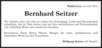 Traueranzeige von Bernhard Seitzer von Gmünder Tagespost