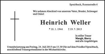 Traueranzeige von Heinrich Weller von Gmünder Tagespost