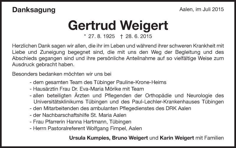  Traueranzeige für Gertrud Weigert vom 21.07.2015 aus Schwäbische Post