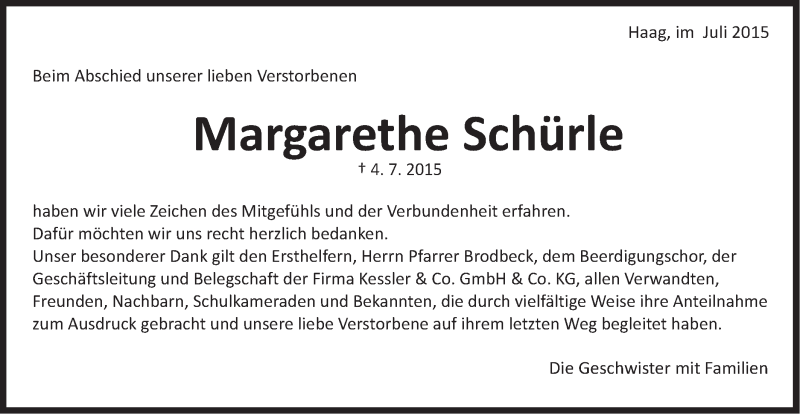  Traueranzeige für Margarethe Schürle vom 31.07.2015 aus Schwäbische Post