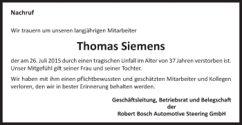 Traueranzeige von Thomas Siemens von Gmünder Tagespost