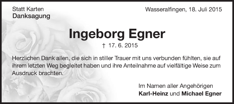  Traueranzeige für Ingeborg Egner vom 18.07.2015 aus Schwäbische Post