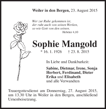 Traueranzeige von Sophie Mangold von Gmünder Tagespost