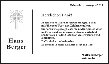 Traueranzeige von Hans Berger von Gmünder Tagespost