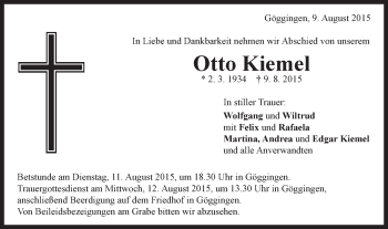 Traueranzeige von Otto Kiemel von Gmünder Tagespost