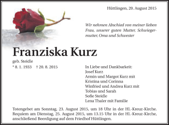 Traueranzeige von Franziska Kurz von Schwäbische Post