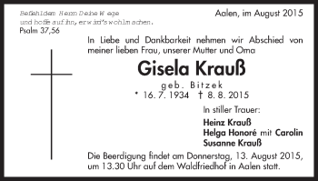 Traueranzeige von Gisela Krauß von Schwäbische Post