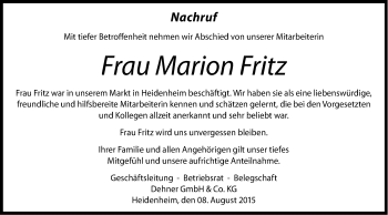 Traueranzeige von Marion Fritz von Schwäbische Post