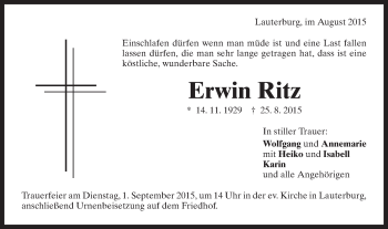 Traueranzeige von Erwin Ritz von Schwäbische Post
