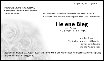 Traueranzeige von Helene Bieg von Schwäbische Post
