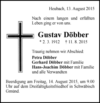 Traueranzeige von Gustav Döbber von Gmünder Tagespost