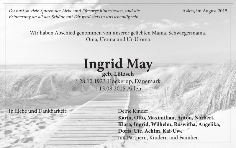  Traueranzeige für Ingrid May vom 21.08.2015 aus Schwäbische Post
