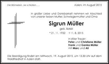 Traueranzeige von Sigrun Müller von Schwäbische Post