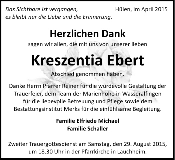 Traueranzeige von Kreszentia Ebert von Schwäbische Post
