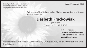 Traueranzeige von Liesbeth Frackowiak von Schwäbische Post
