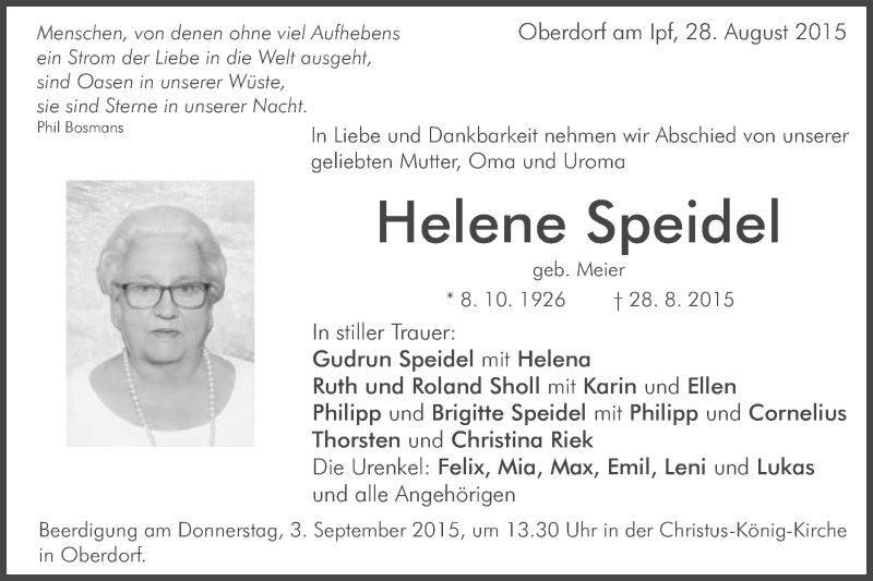  Traueranzeige für Helene Speidel vom 31.08.2015 aus Schwäbische Post