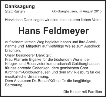 Traueranzeige von Hans Feldmeyer von Schwäbische Post