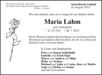 Traueranzeige von Maria Lahm von Gmünder Tagespost