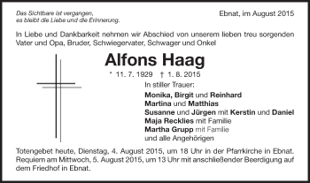 Traueranzeige von Alfons Haag von Schwäbische Post