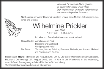 Traueranzeige von Wilhelmine Prickler von Schwäbische Post
