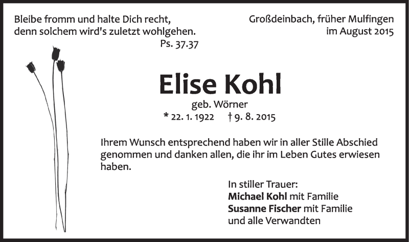  Traueranzeige für Elise Kohl vom 18.08.2015 aus Gmünder Tagespost